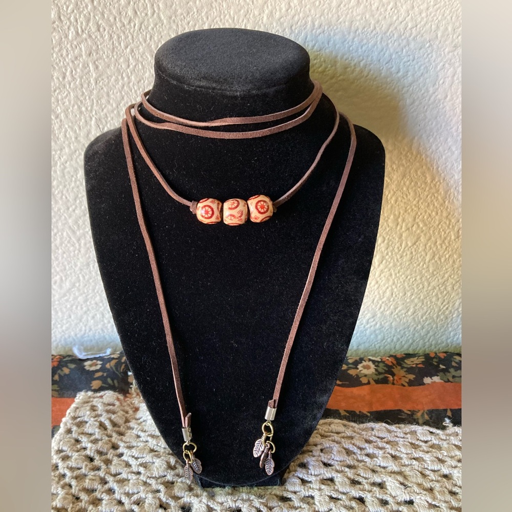 Brown Suede Wrap Necklace with Wood Beads